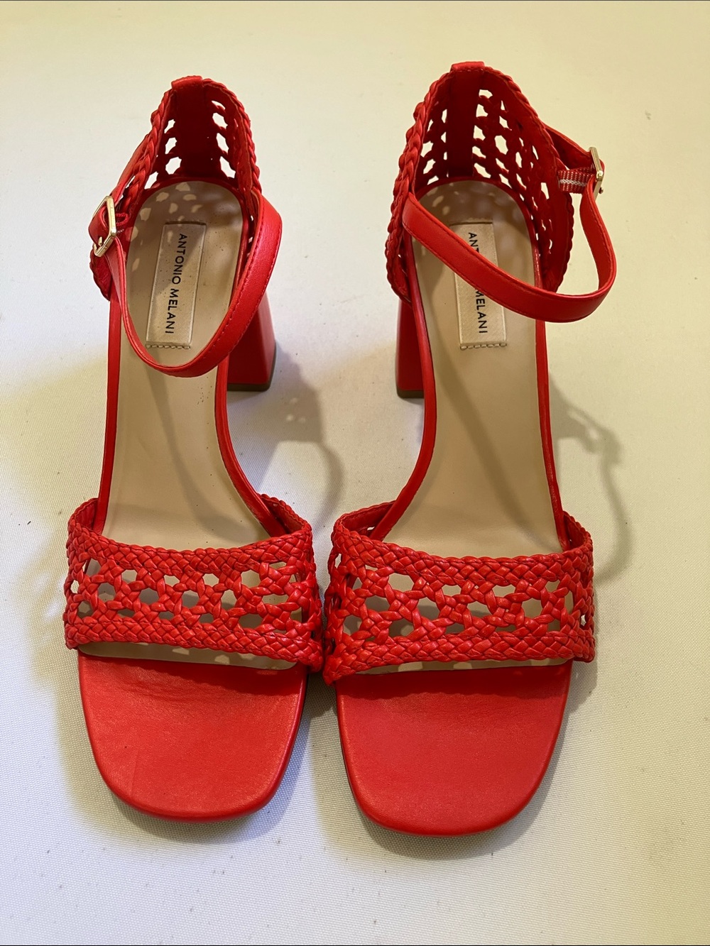 ANTONIO MELANI Bright Red Woven Ankle-Strap Block Heels